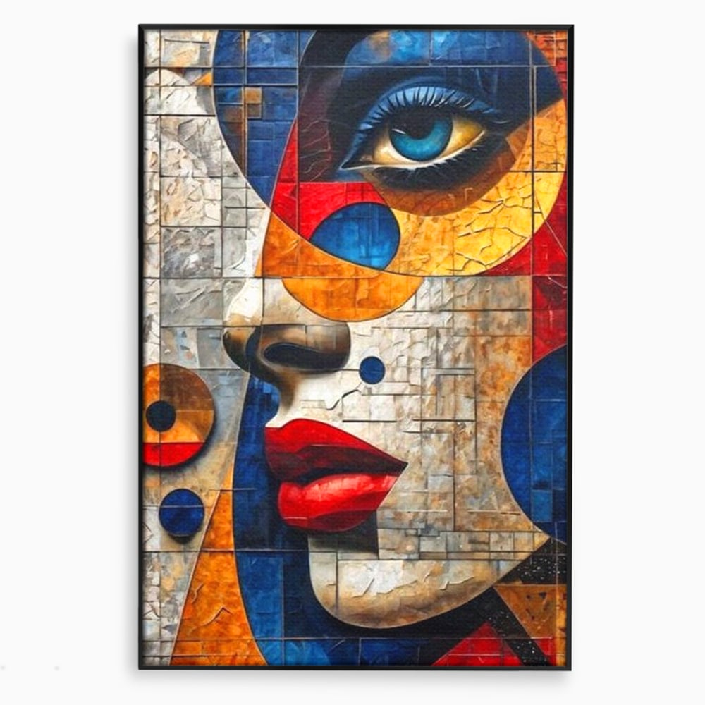 Tablou canvas cu tablou canvas cu portret abstract in stil mozaic, in rama de aluminiu negru